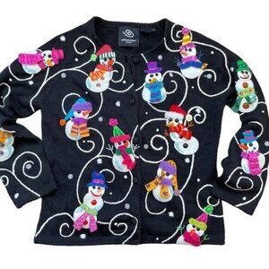 Michael Simon Cardigan Snowman Beaded Wearable Art Holiday Sweater Small Vintage